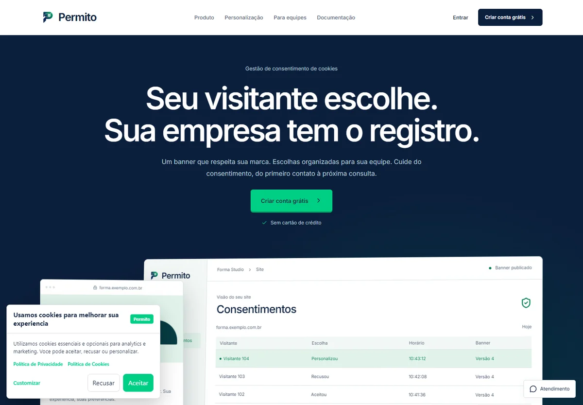 Página oficial do Permito com simulador de gestão de consentimento